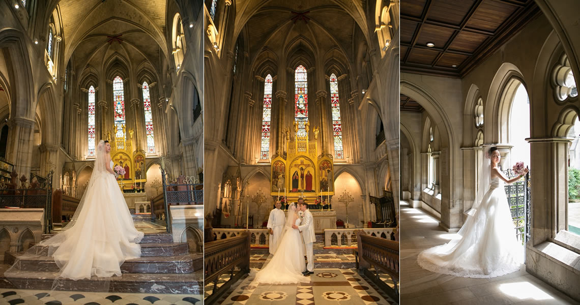 フランス・パリ大聖堂教会ウェディングカップルとドレス