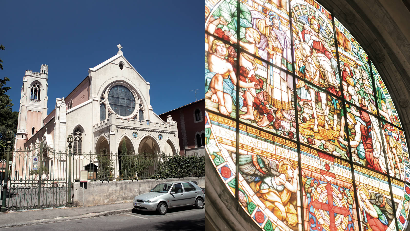 イタリア・フィレンツェ・セントジェームズ教会外観とステンドグラス
